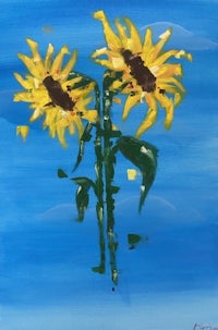 a painting of two sunflowers against a blue sky