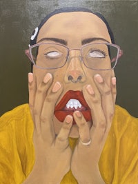 a painting of a woman with glasses covering her mouth